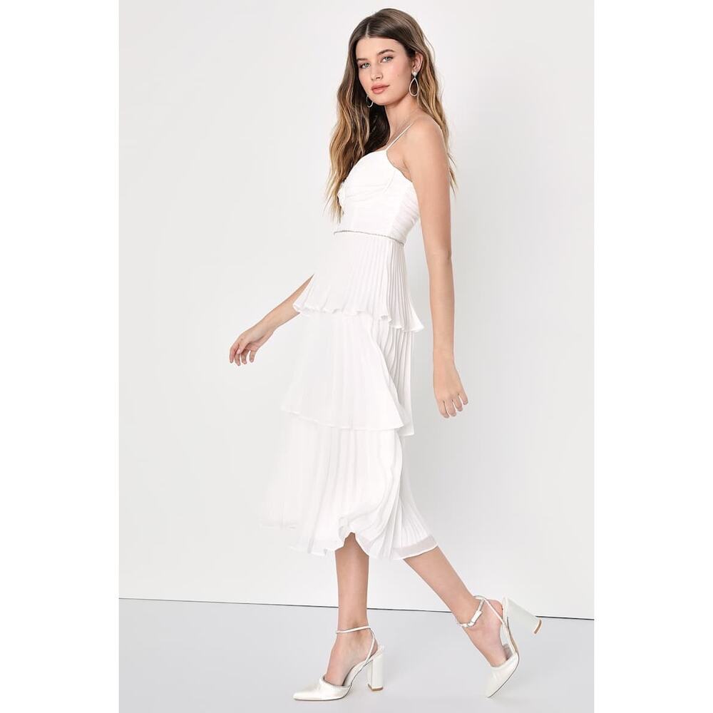 Lulus White Ruffle Midi Dress NWT Size M Bridal Shower Graduation